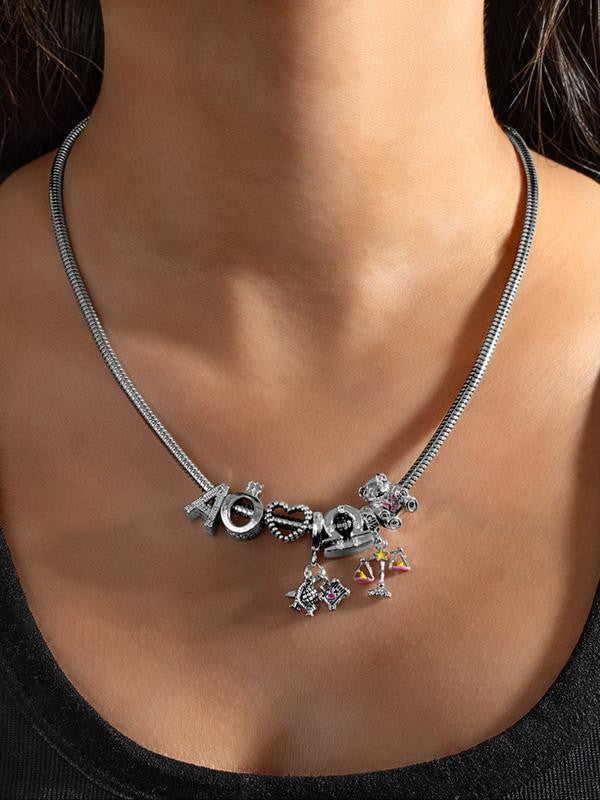 Alloy Letter Heart Bear Charm Necklace