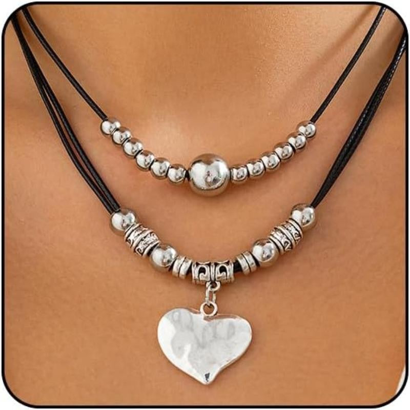 Layered Leather Heart Bead Necklace