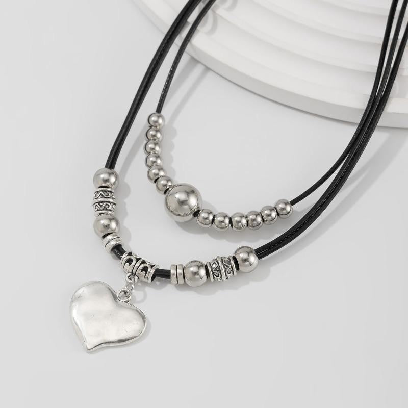 Layered Leather Heart Bead Necklace
