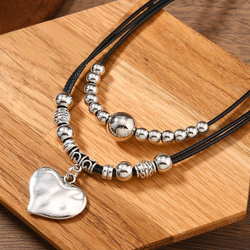 Layered Leather Heart Bead Necklace