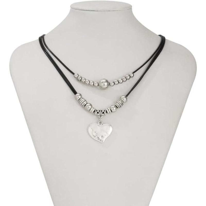 Layered Leather Heart Bead Necklace