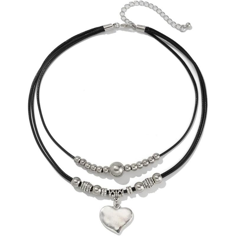 Layered Leather Heart Bead Necklace