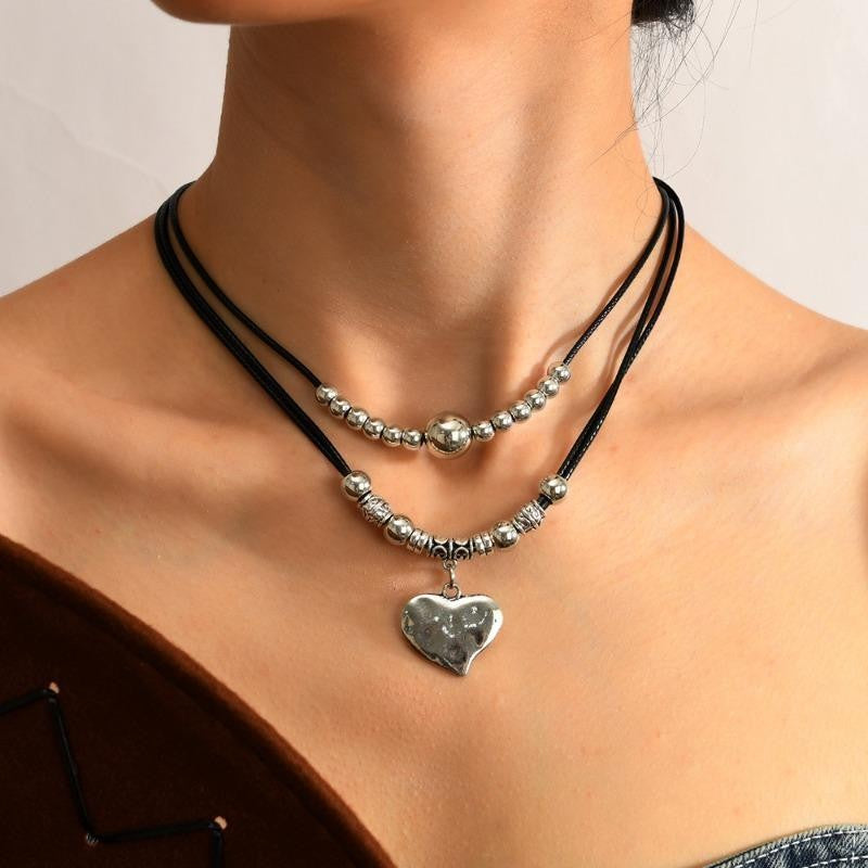 Layered Leather Heart Bead Necklace