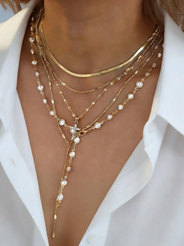 Layered Pearl Cross Necklace