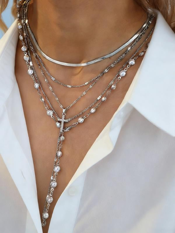 Layered Pearl Cross Necklace