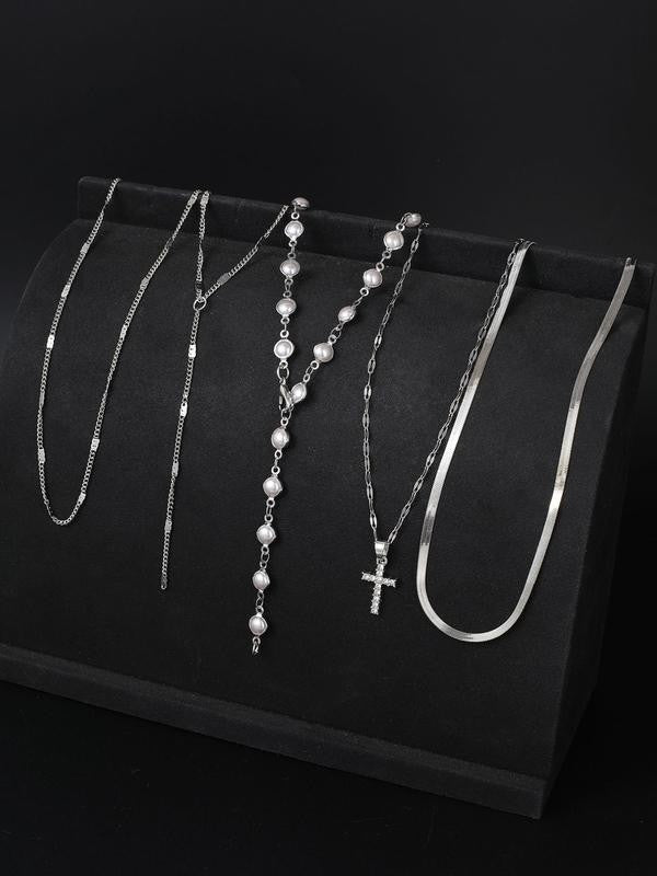 Layered Pearl Cross Necklace