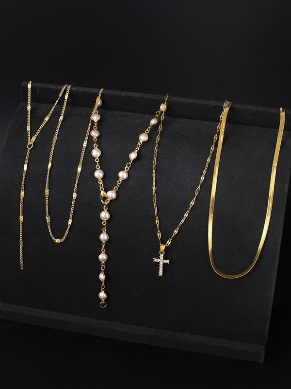 Layered Pearl Cross Necklace