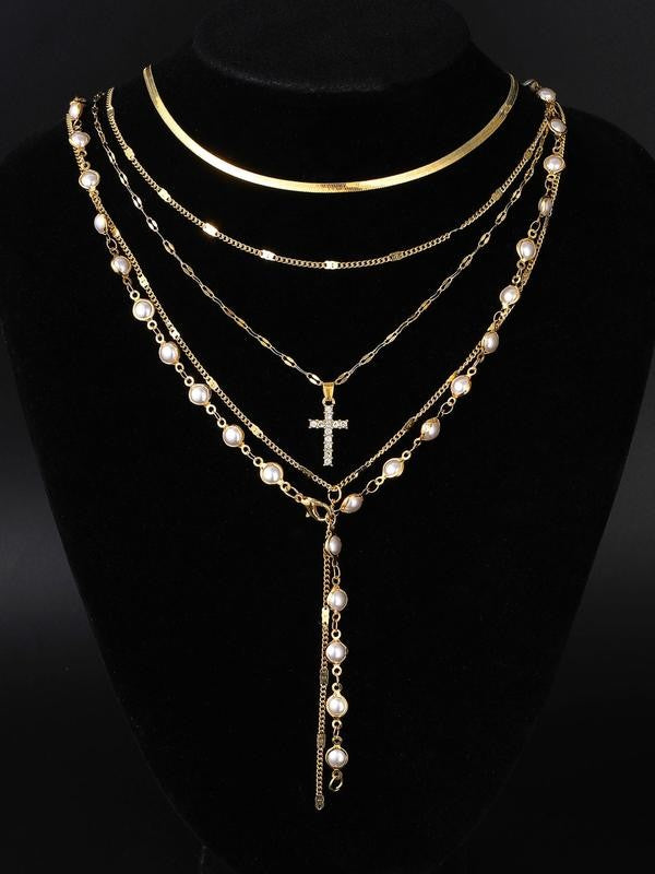 Layered Pearl Cross Necklace