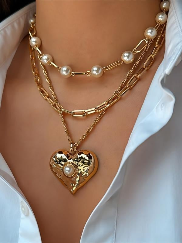 Layered Heart Pearl Necklace Set