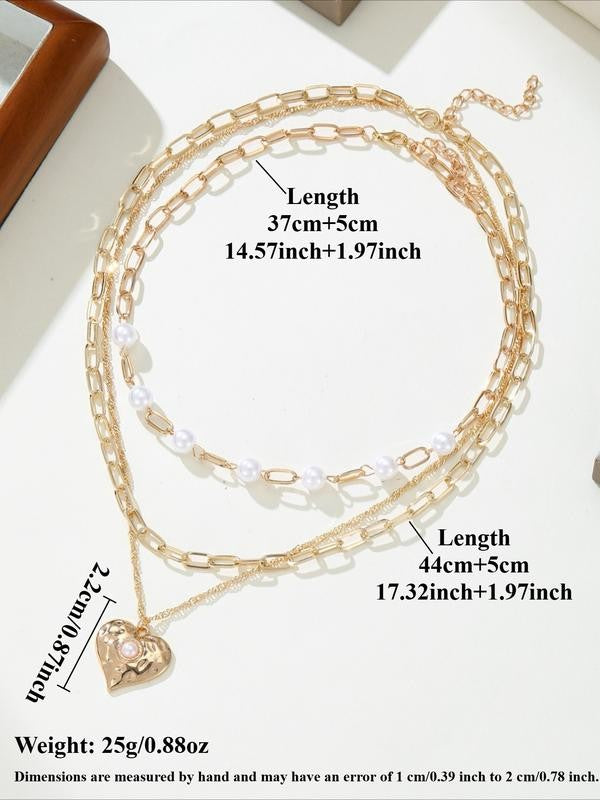 Layered Heart Pearl Necklace Set