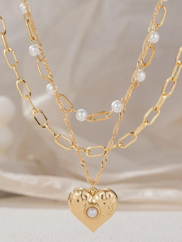 Layered Heart Pearl Necklace Set