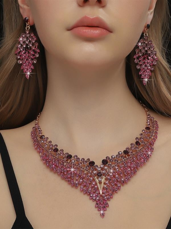 Purple Pink Crystal Leaf Jewelry Set