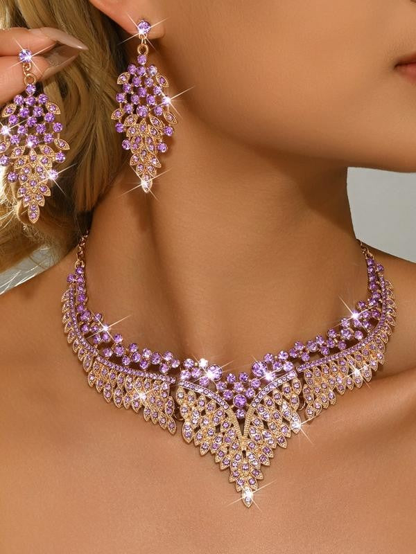 Purple Pink Crystal Leaf Jewelry Set
