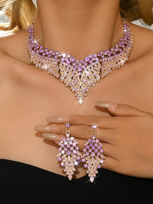 Purple Pink Crystal Leaf Jewelry Set