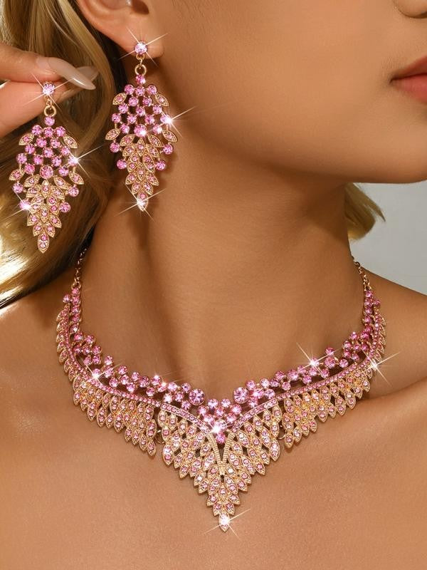 Purple Pink Crystal Leaf Jewelry Set