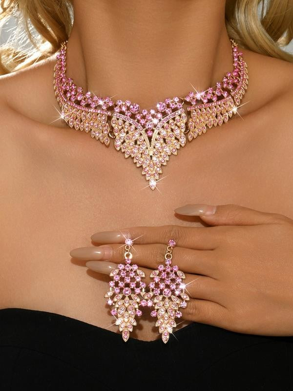 Purple Pink Crystal Leaf Jewelry Set
