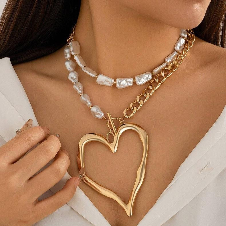 Layered Baroque Pearl Heart Necklace