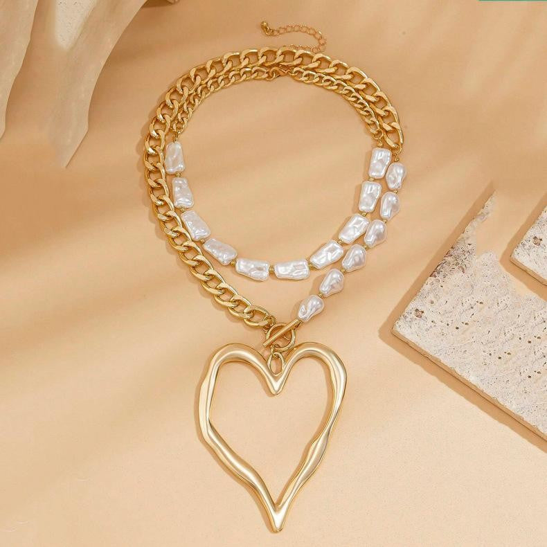Layered Baroque Pearl Heart Necklace