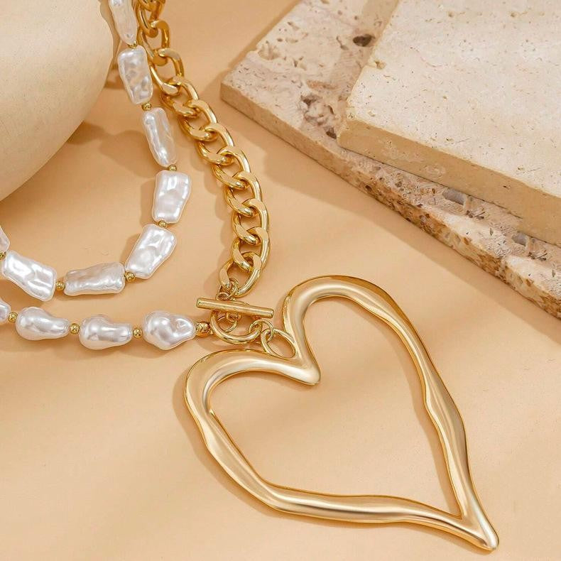 Layered Baroque Pearl Heart Necklace