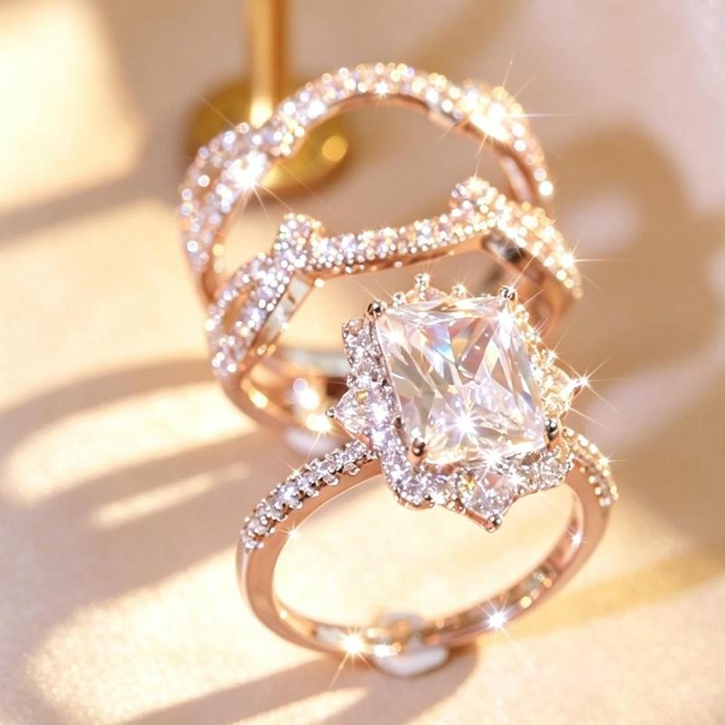 Emerald Cut Halo & Twisted Band Ring Set