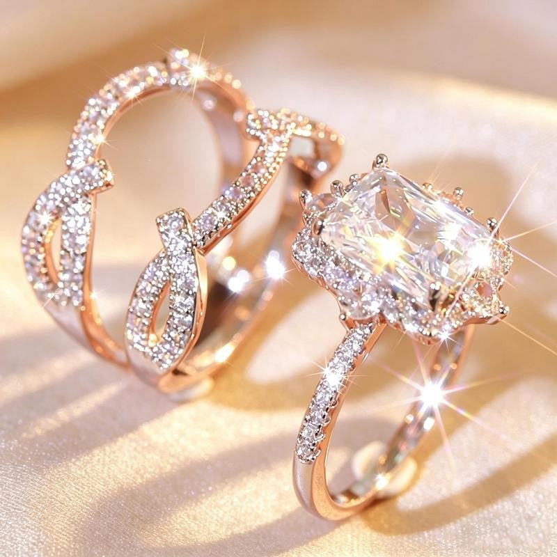 Emerald Cut Halo & Twisted Band Ring Set