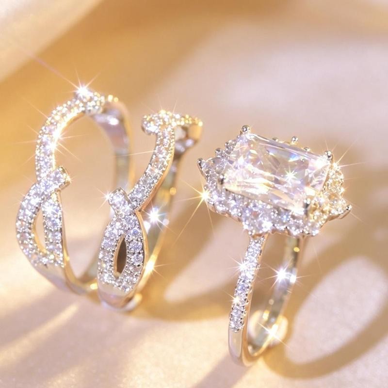 Emerald Cut Halo & Twisted Band Ring Set