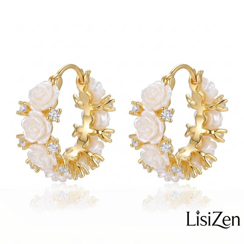 Floral Rose Gold Hoop Clip Earrings