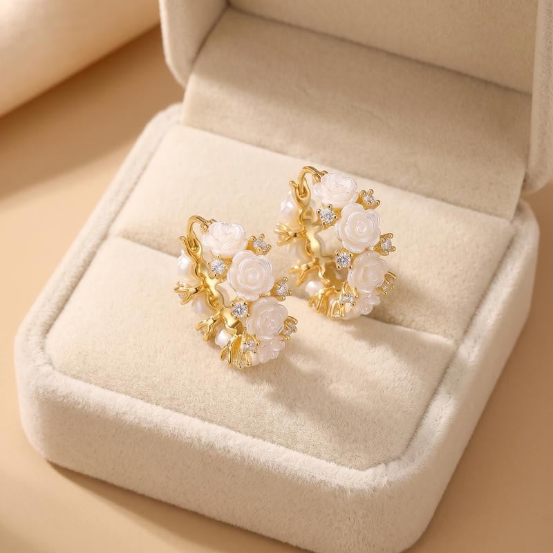 Floral Rose Gold Hoop Clip Earrings