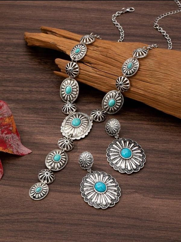 Boho Turquoise Floral Necklace & Earrings Set