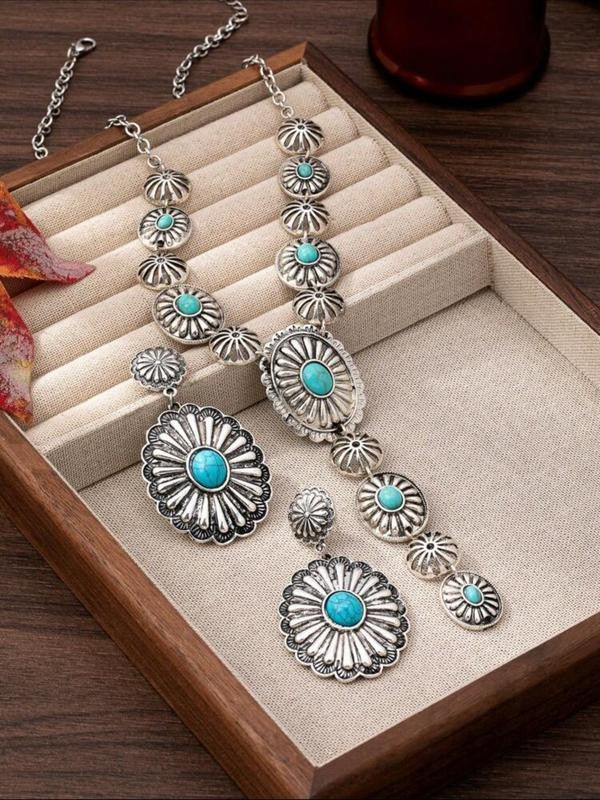 Boho Turquoise Floral Necklace & Earrings Set