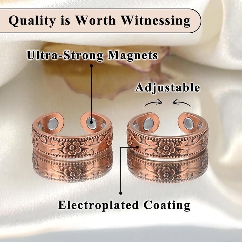 Adjustable Floral Copper Magnetic Ring Set
