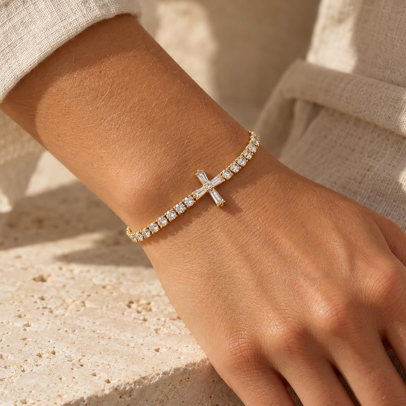 14k Zircon Cross Adjustable Bracelet