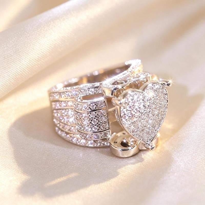 Silver Paved Heart Wide Band Ring
