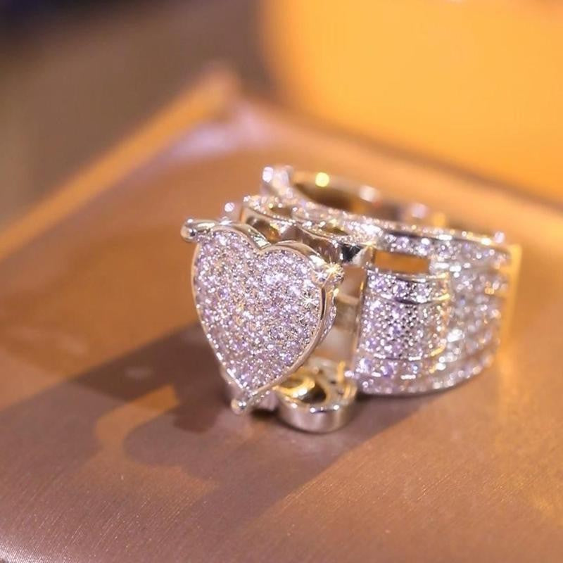 Silver Paved Heart Wide Band Ring