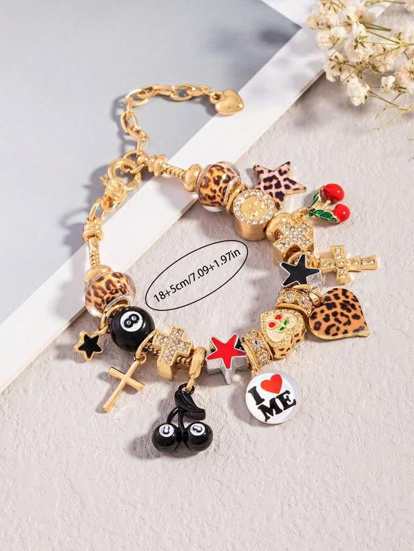 Leopard Print Heart & Clover Charm Bracelet