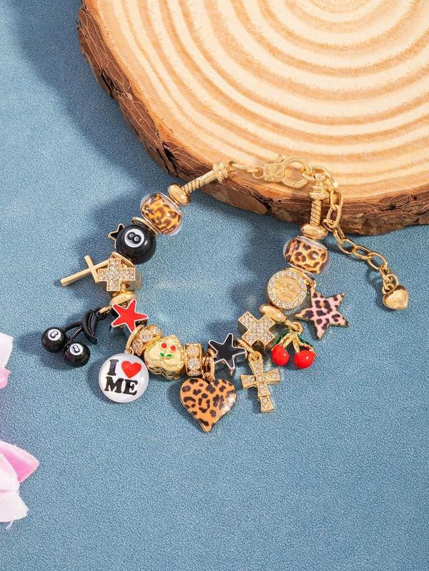 Leopard Print Heart & Clover Charm Bracelet